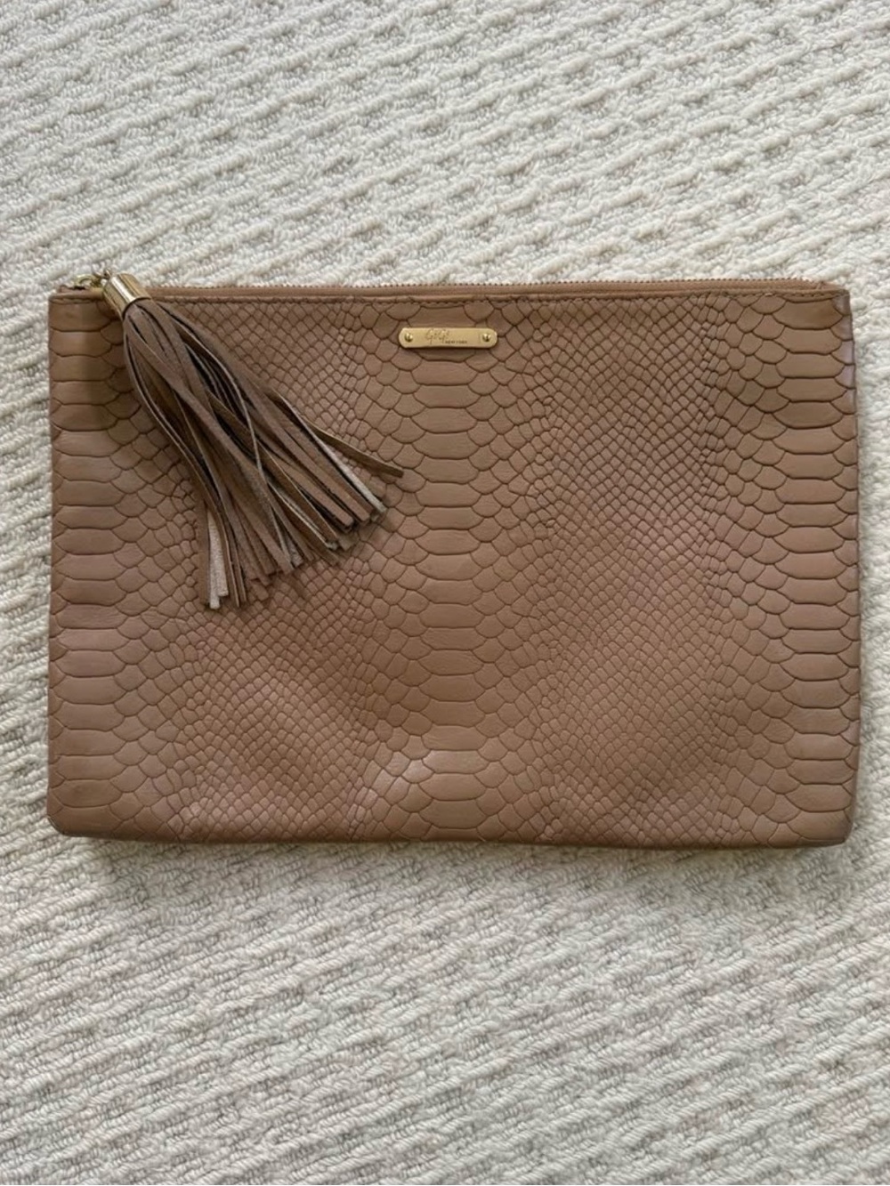 Gigi New York Tan Snake-Embossed Leather Tassel Clutch